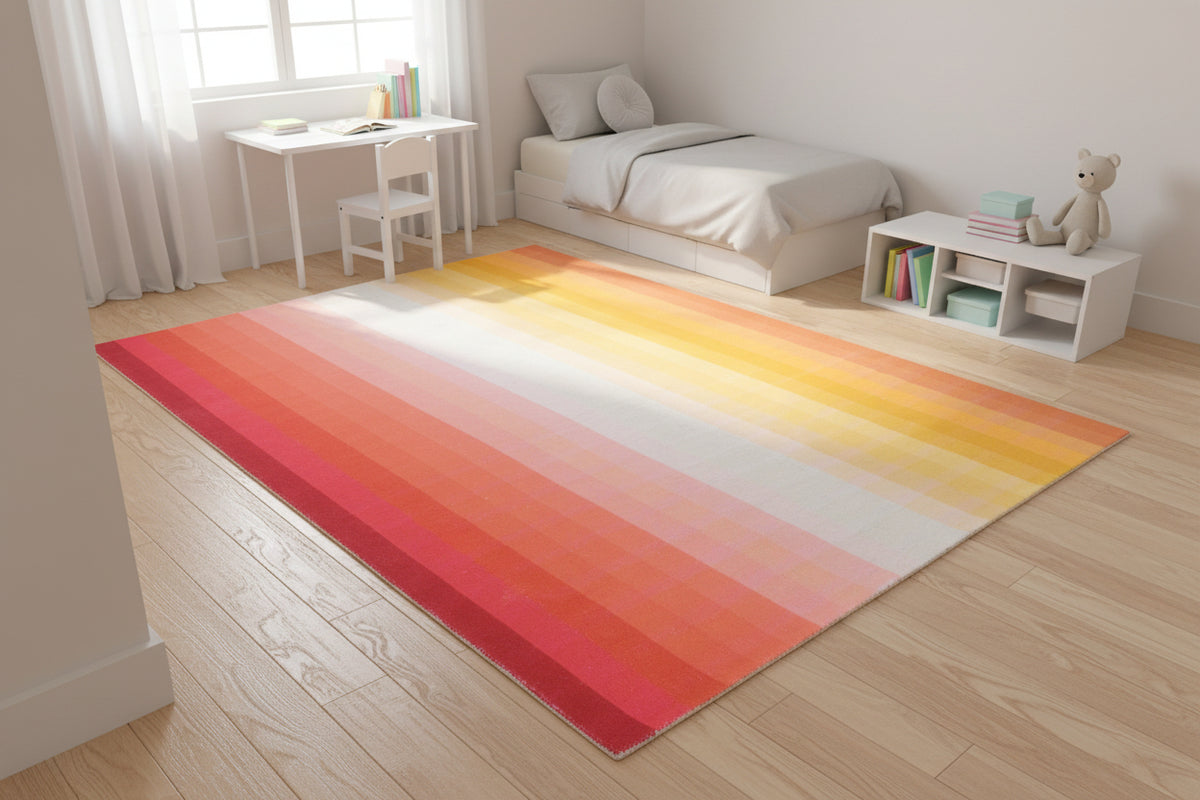 Sunrise Gradient Ombre Stripe Handmade Area Rug – Modern Raspberry Red to Yellow Soft Rug   9122736242837