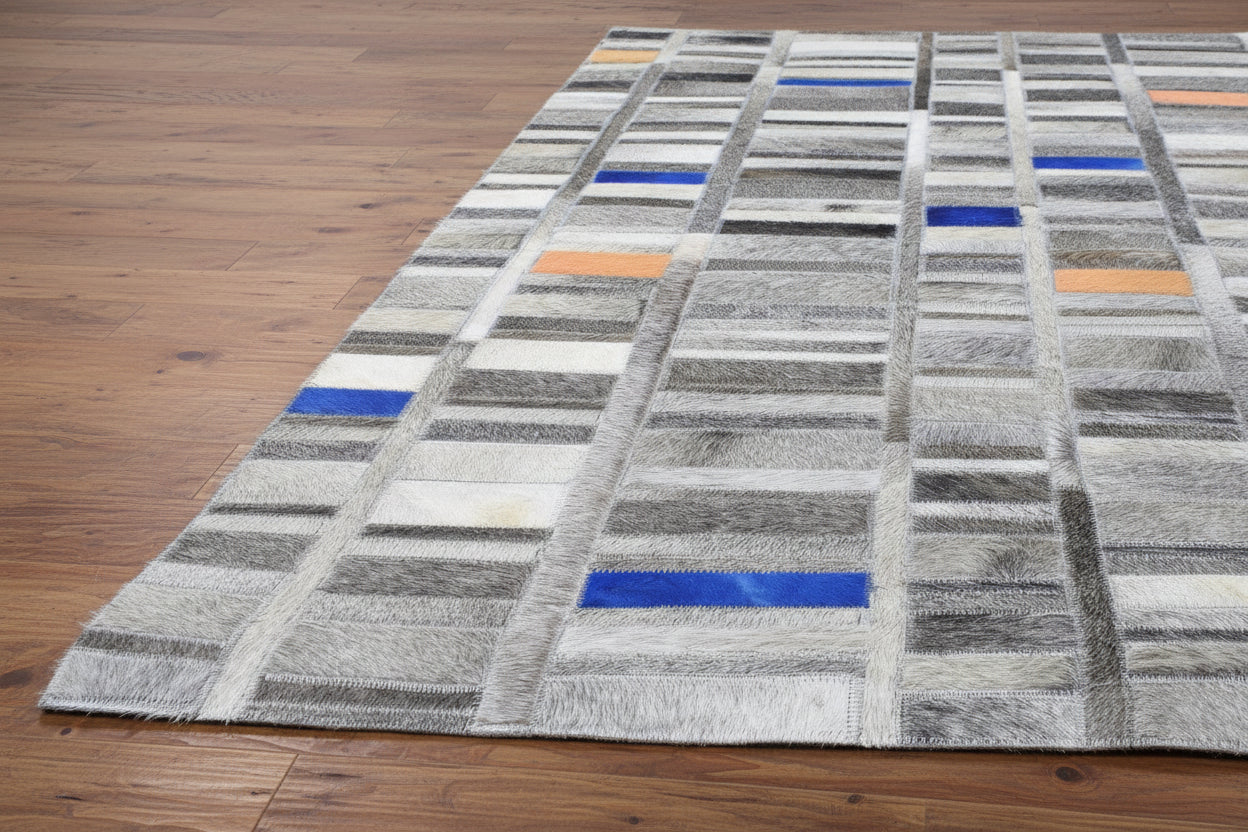 Terrie Handmade Gray Leather Checkboard Checkered Rug | Modern Geometric Patchwork Cowhide Rug