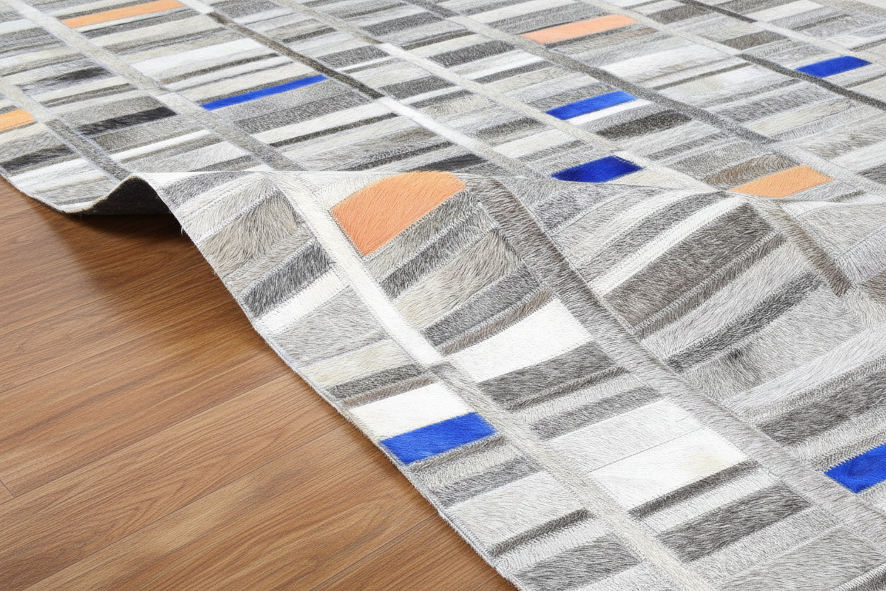 Terrie Handmade Gray Leather Checkboard Checkered Rug | Modern Geometric Patchwork Cowhide Rug