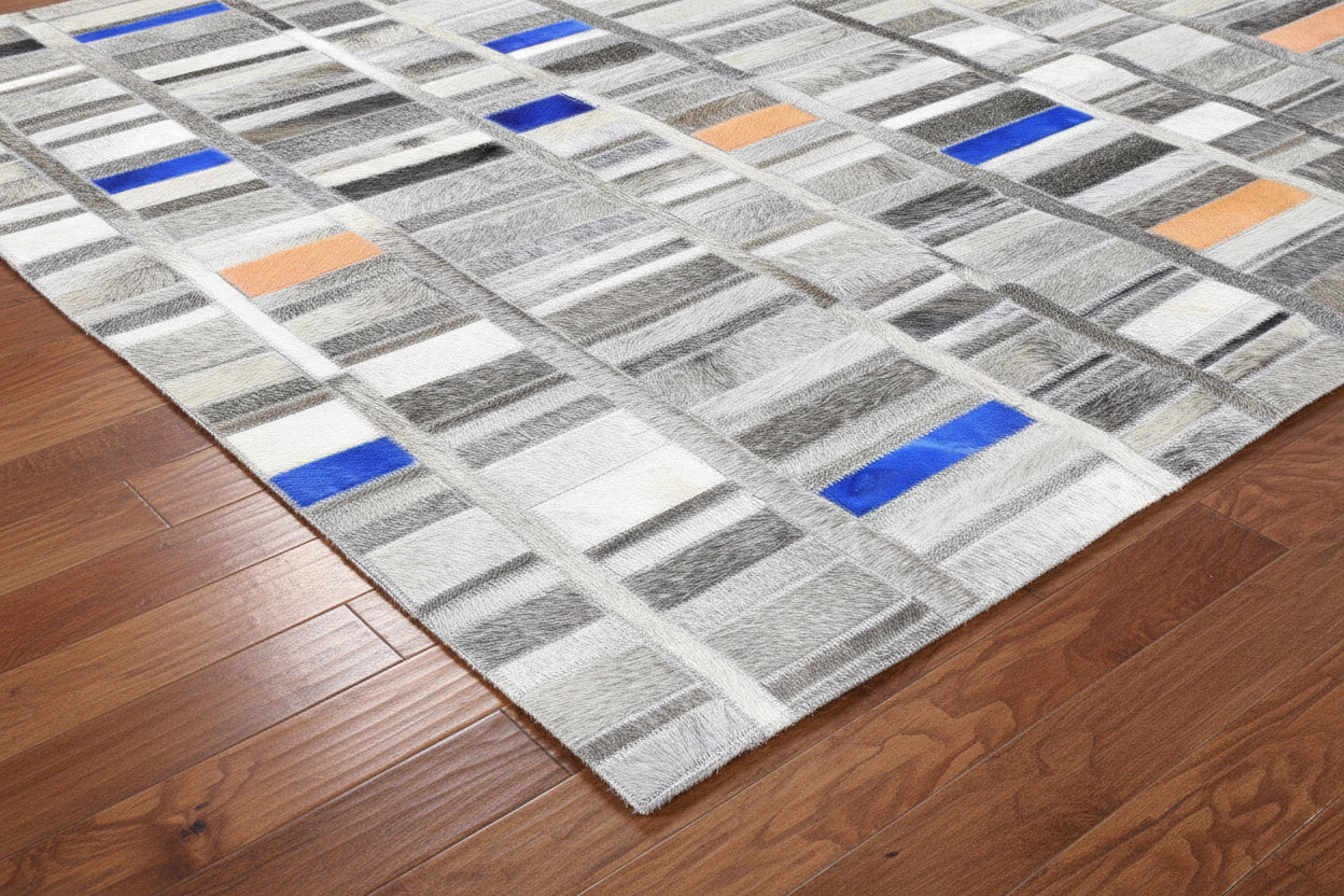 Terrie Handmade Gray Leather Checkboard Checkered Rug | Modern Geometric Patchwork Cowhide Rug