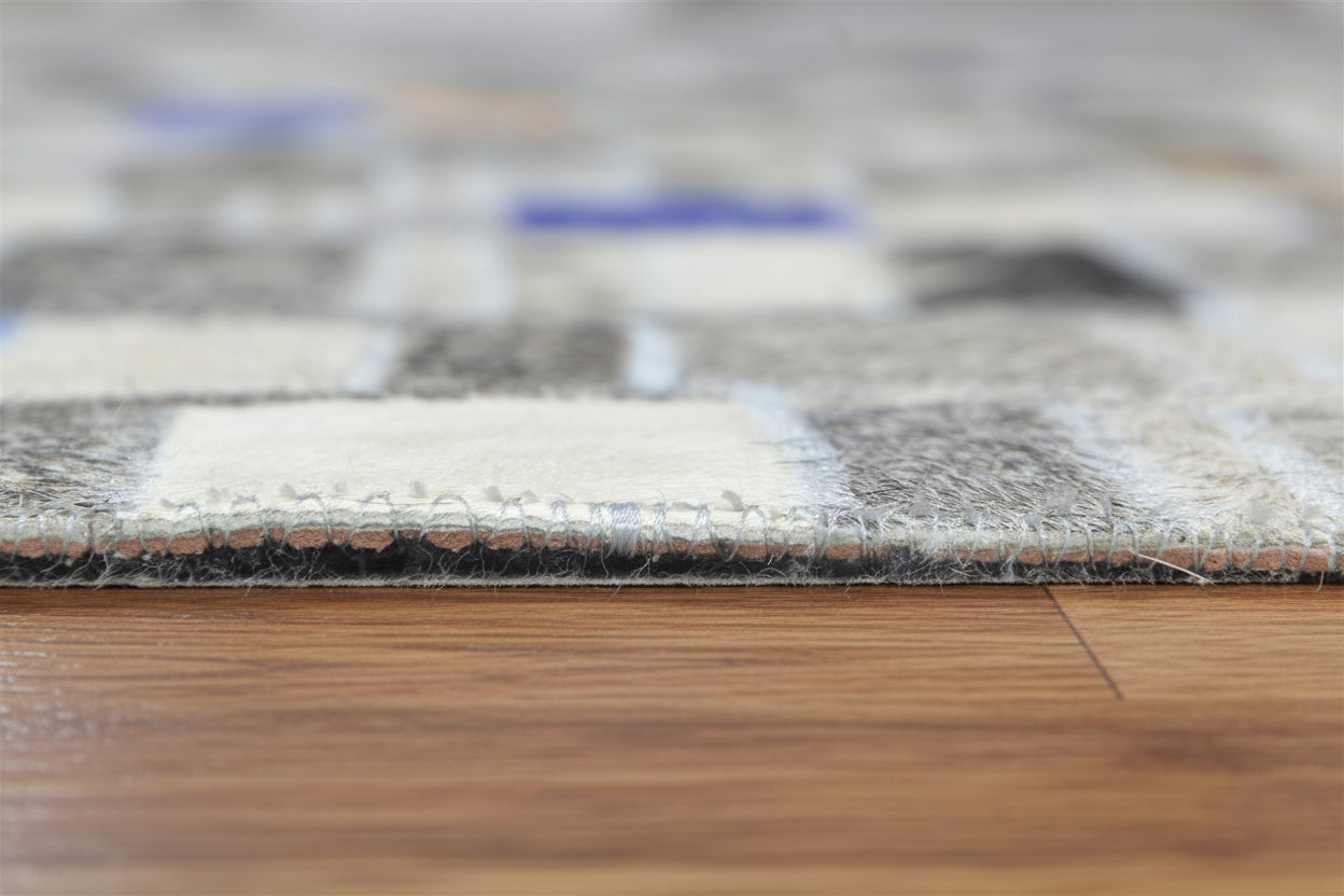 Terrie Handmade Gray Leather Checkboard Checkered Rug | Modern Geometric Patchwork Cowhide Rug