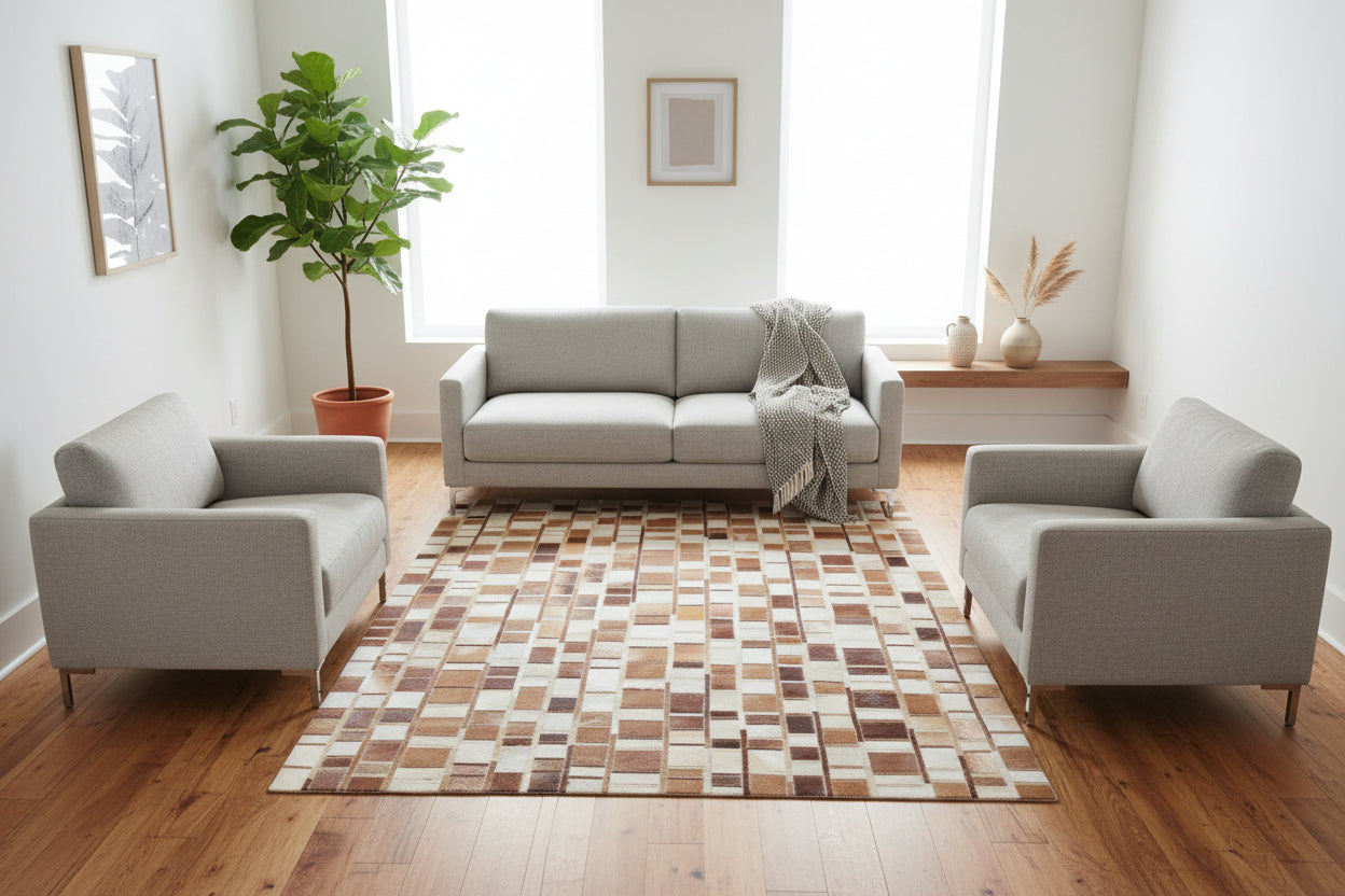 Terrie  Mosaic Brown Ivory Leather Striped Rug | Modern Geometric Patchwork Cowhide Rug   9062090375317