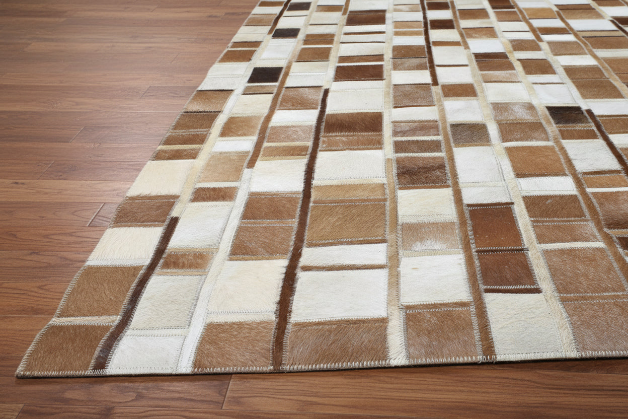 Terrie  Mosaic Brown Ivory Leather Striped Rug | Modern Geometric Patchwork Cowhide Rug   9062090375317