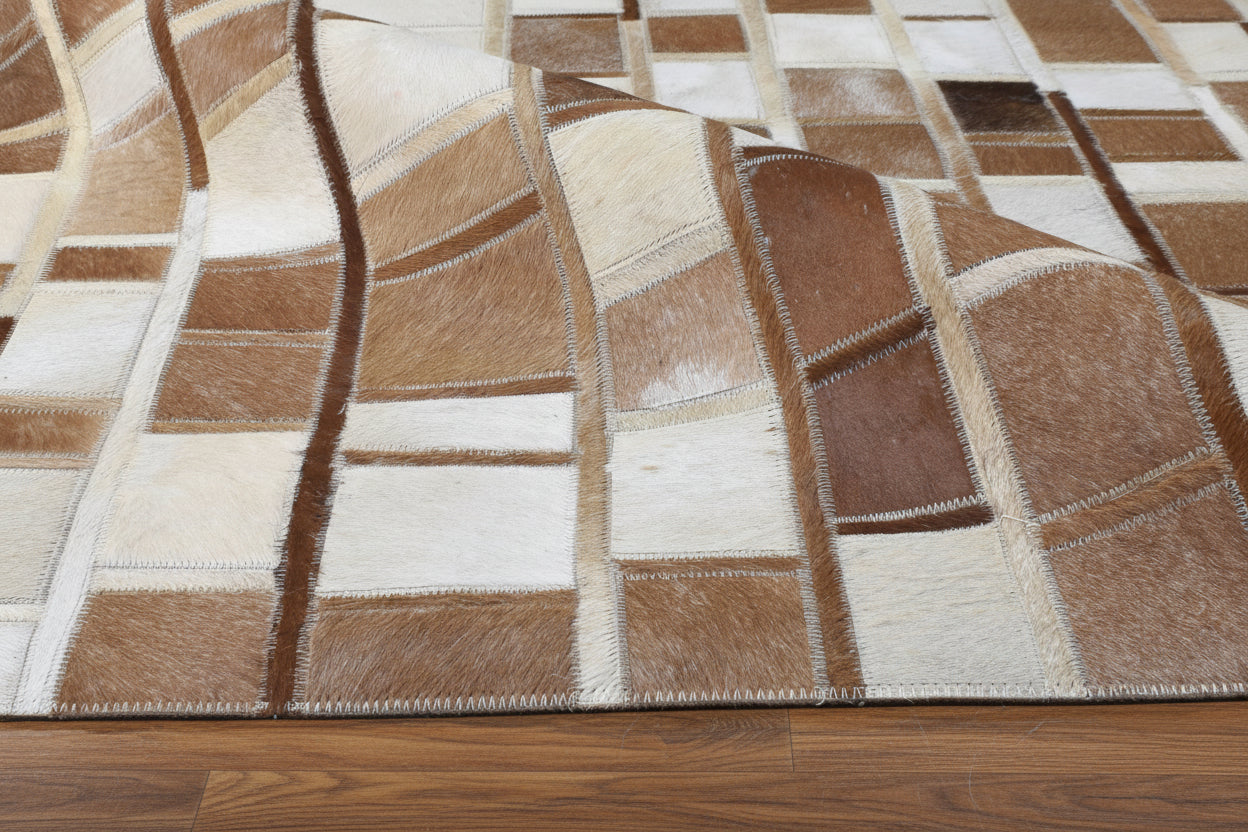 Terrie  Mosaic Brown Ivory Leather Striped Rug | Modern Geometric Patchwork Cowhide Rug   9062090375317