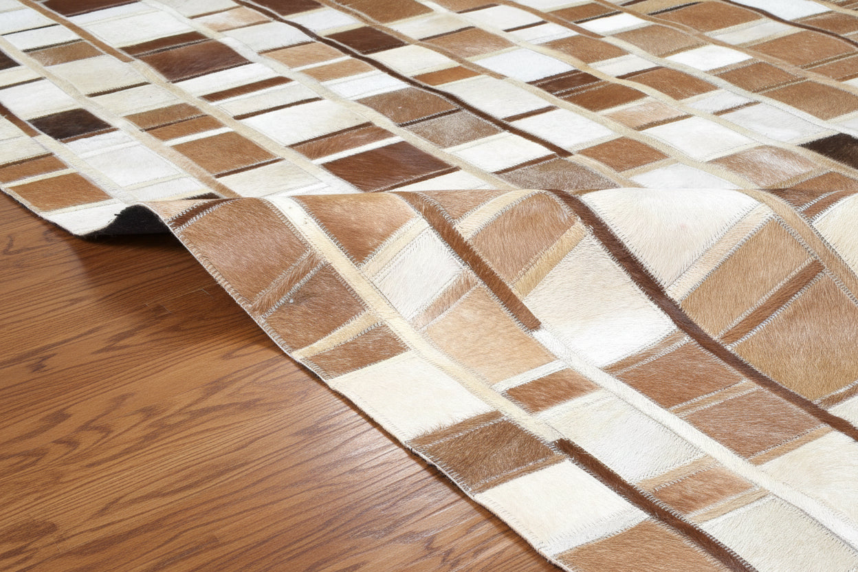 Terrie  Mosaic Brown Ivory Leather Striped Rug | Modern Geometric Patchwork Cowhide Rug   9062090375317