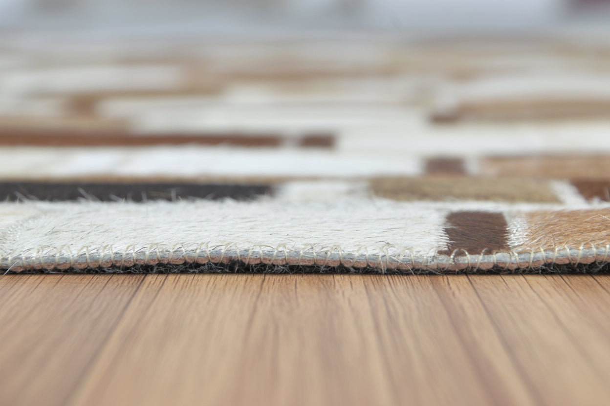 Terrie  Mosaic Brown Ivory Leather Striped Rug | Modern Geometric Patchwork Cowhide Rug   9062090375317