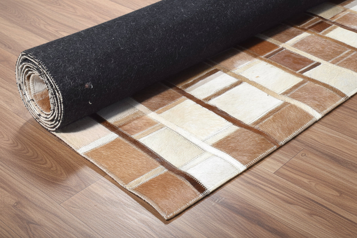 Terrie  Mosaic Brown Ivory Leather Striped Rug | Modern Geometric Patchwork Cowhide Rug   9062090375317