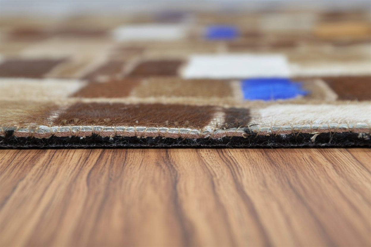 Terrie  Mosaic Brown Multi Leather Striped Rug | Modern Geometric Patchwork Cowhide Rug   7865128386709