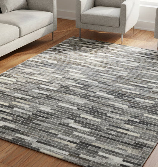 Tova Handmade Leather Charcoal Rug - Modern Patchwork Striped Area Rug   9065101820053