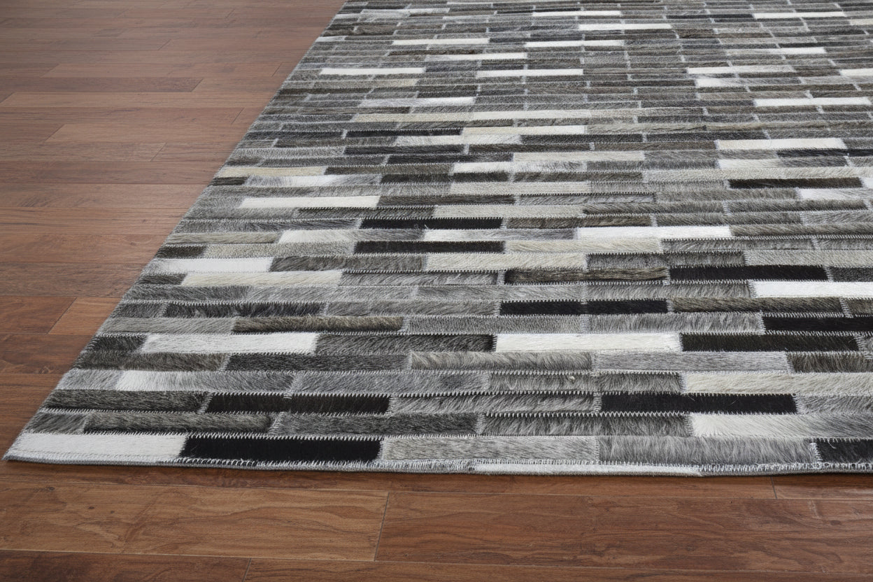 Tova Handmade Leather Charcoal Rug - Modern Patchwork Striped Area Rug   9065101820053