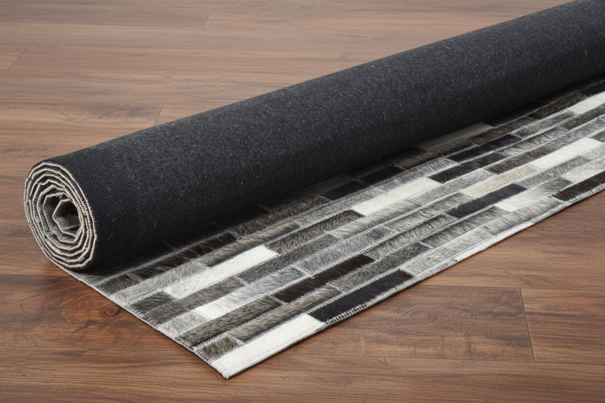 Tova Handmade Leather Charcoal Rug - Modern Patchwork Striped Area Rug   9065101820053