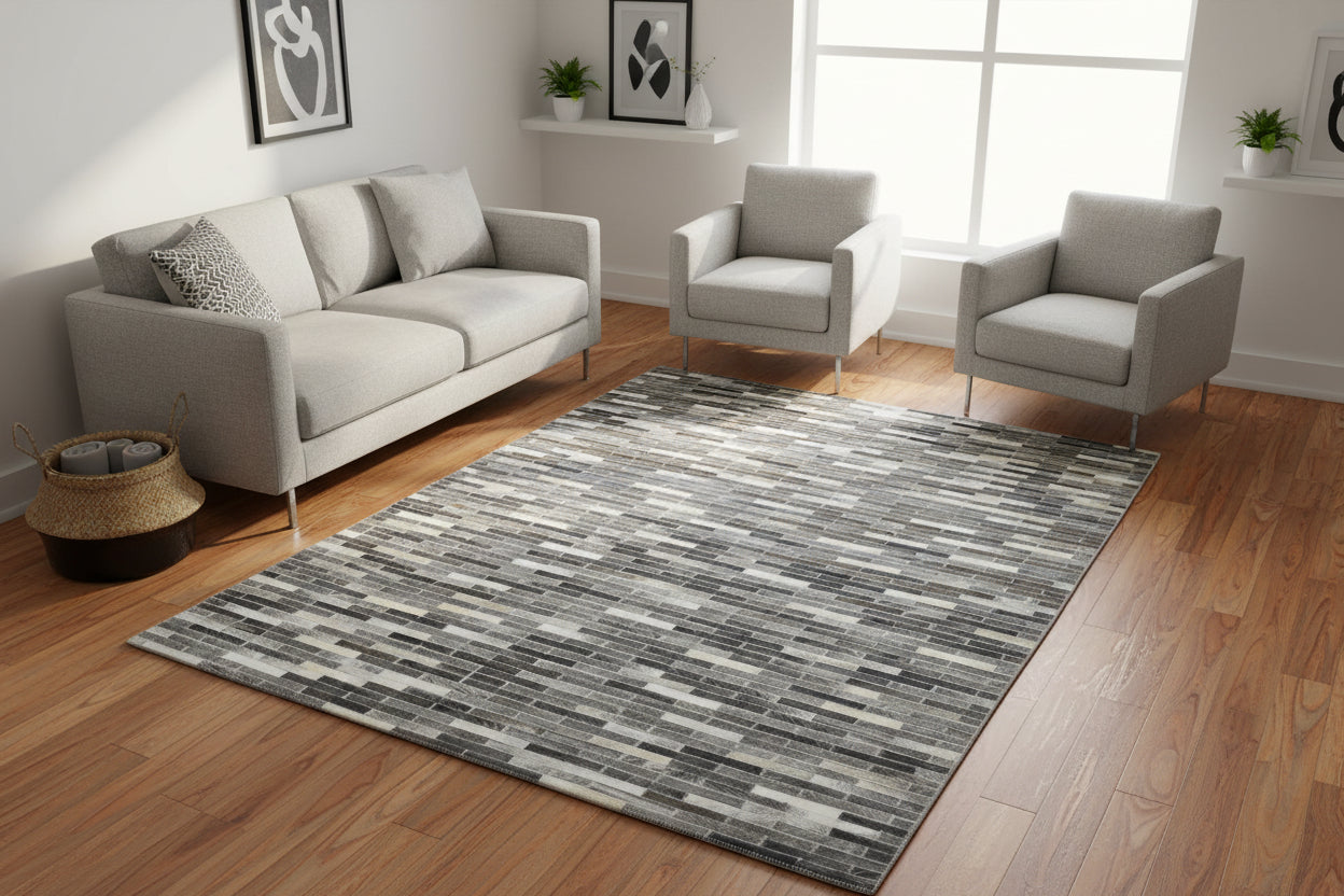 Tova Handmade Leather Charcoal Rug - Modern Patchwork Striped Area Rug   9065101820053
