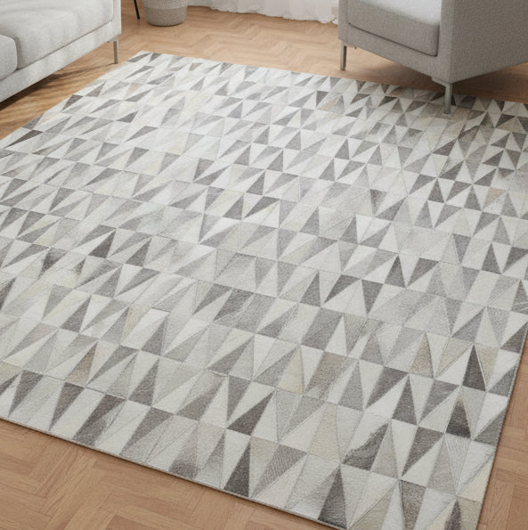 Triangle Mosaic Handmade Leather Gray Rug - Modern Stitched Geometric Cowhide Rug   9064006090901