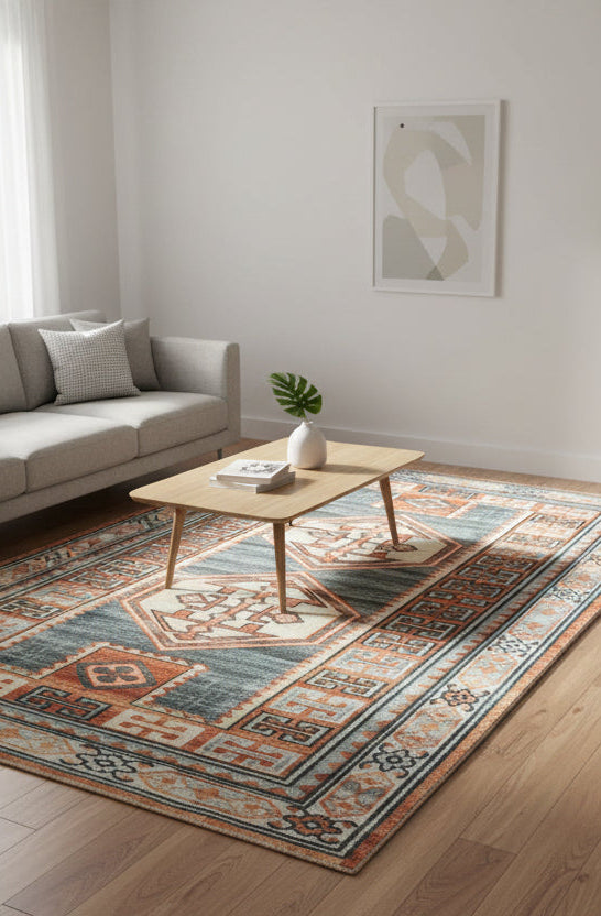 Tribal Kazak Handmade Slate Blue Area Rug – Modern Geometric Medallion Style Rug