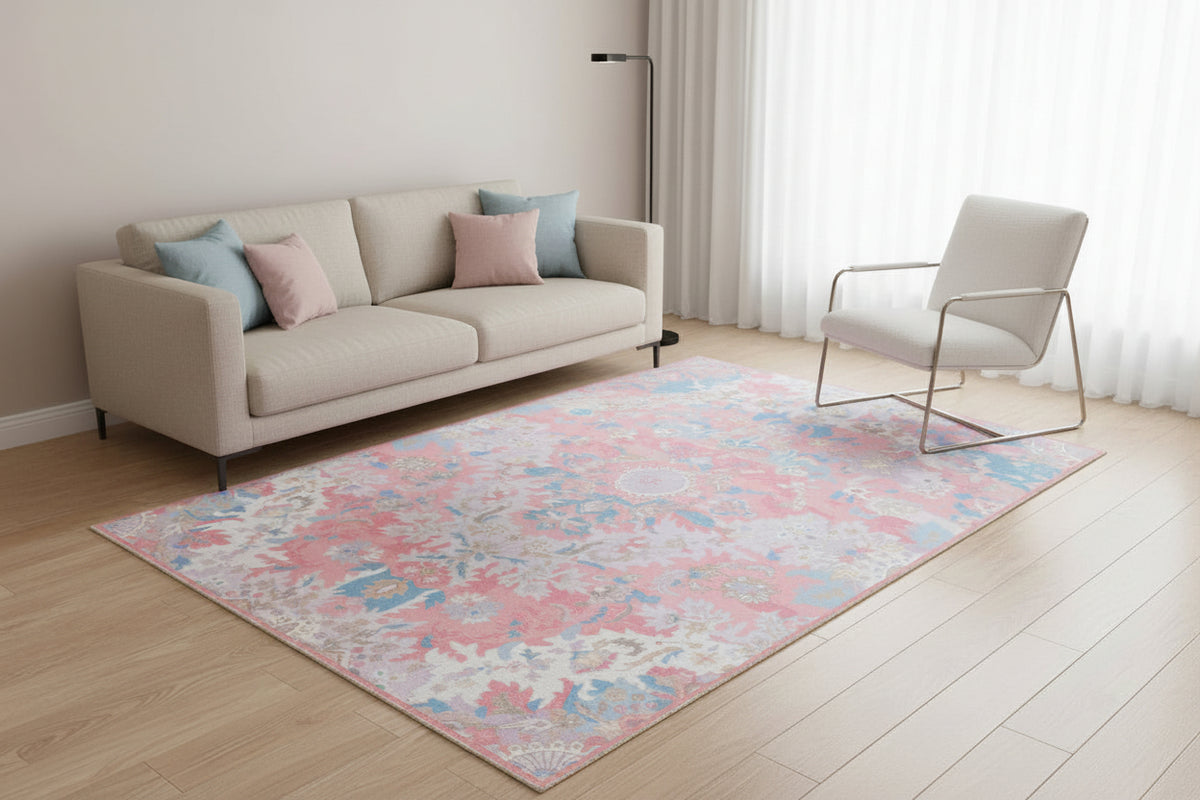 Valentina Handmade Blush Pink Medallion Area Rug – Transitional Artisanal Oushak Style