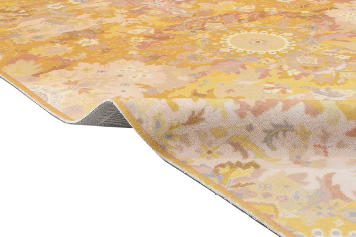 Valentina Handmade Honey Yellow Medallion Area Rug – Transitional Artisanal Oushak Style   9175414407317
