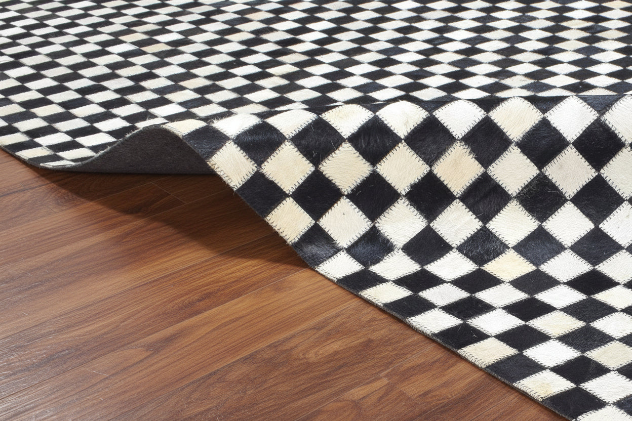 Veradis Handmade Leather Black Checkerboard Rug | Patchwork Checkered Blocks Cowhide Area Rug   7864432787605