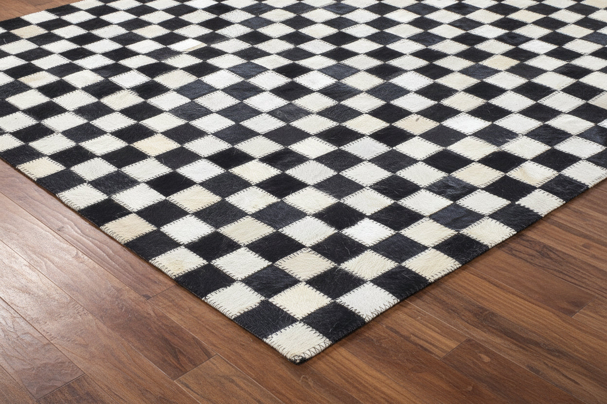 Veradis Handmade Leather Black Checkerboard Rug | Patchwork Checkered Blocks Cowhide Area Rug   7864432787605
