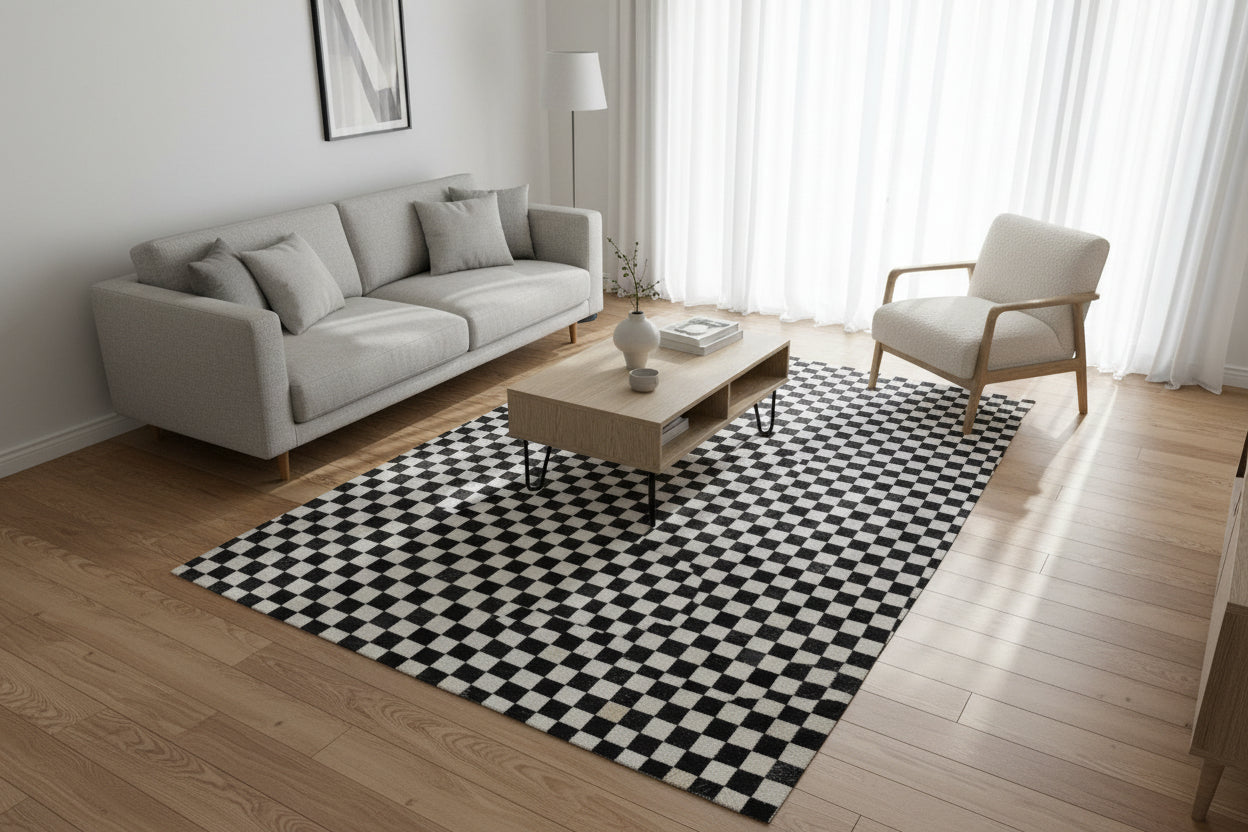 Veradis Handmade Leather Black Checkerboard Rug | Patchwork Checkered Blocks Cowhide Area Rug   7864432787605