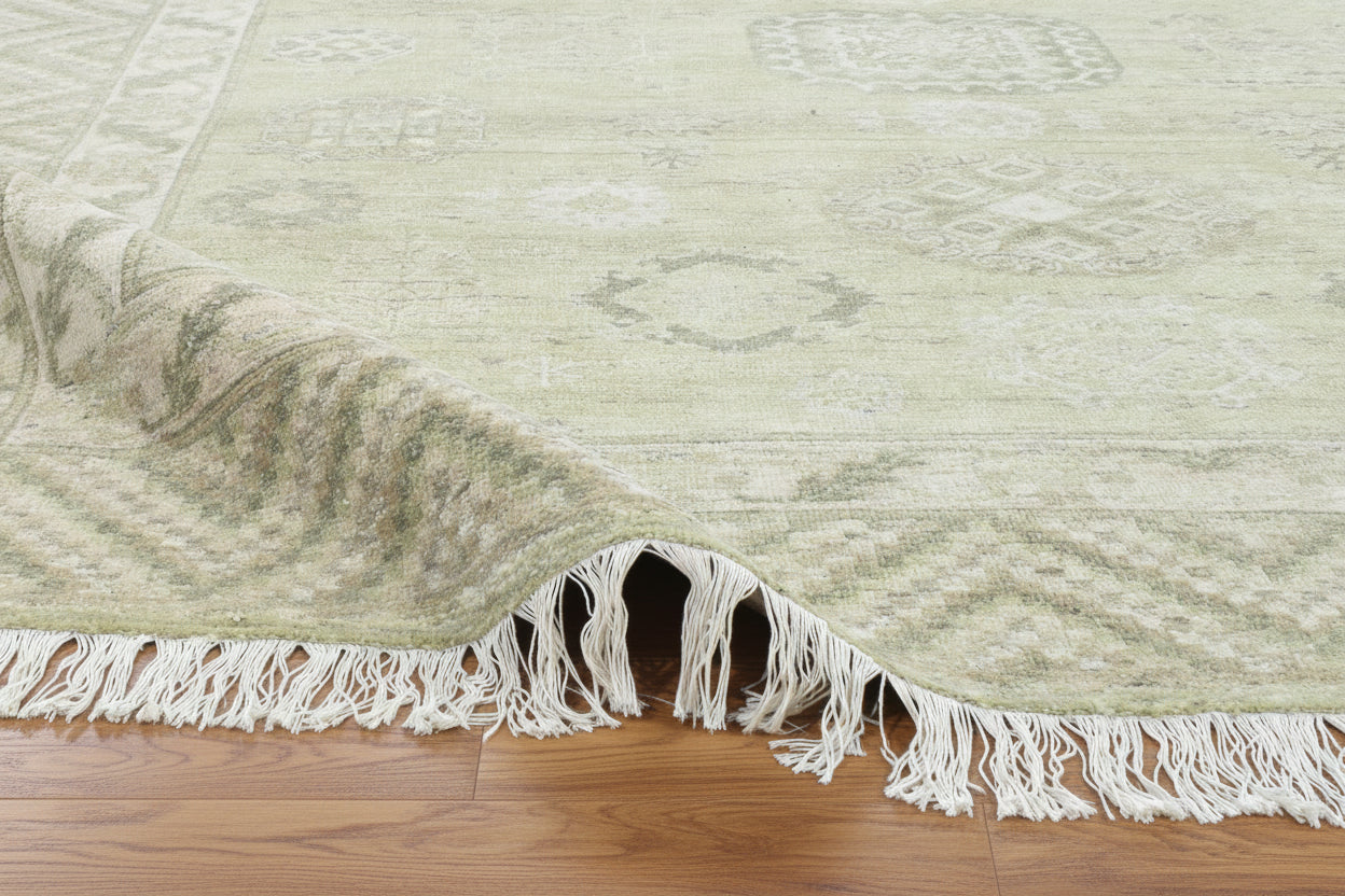 Verdant Hand-Knotted Pesian Khotan Rug – Sage Green Oriental Afgan Wool Area Rug   9203350503573