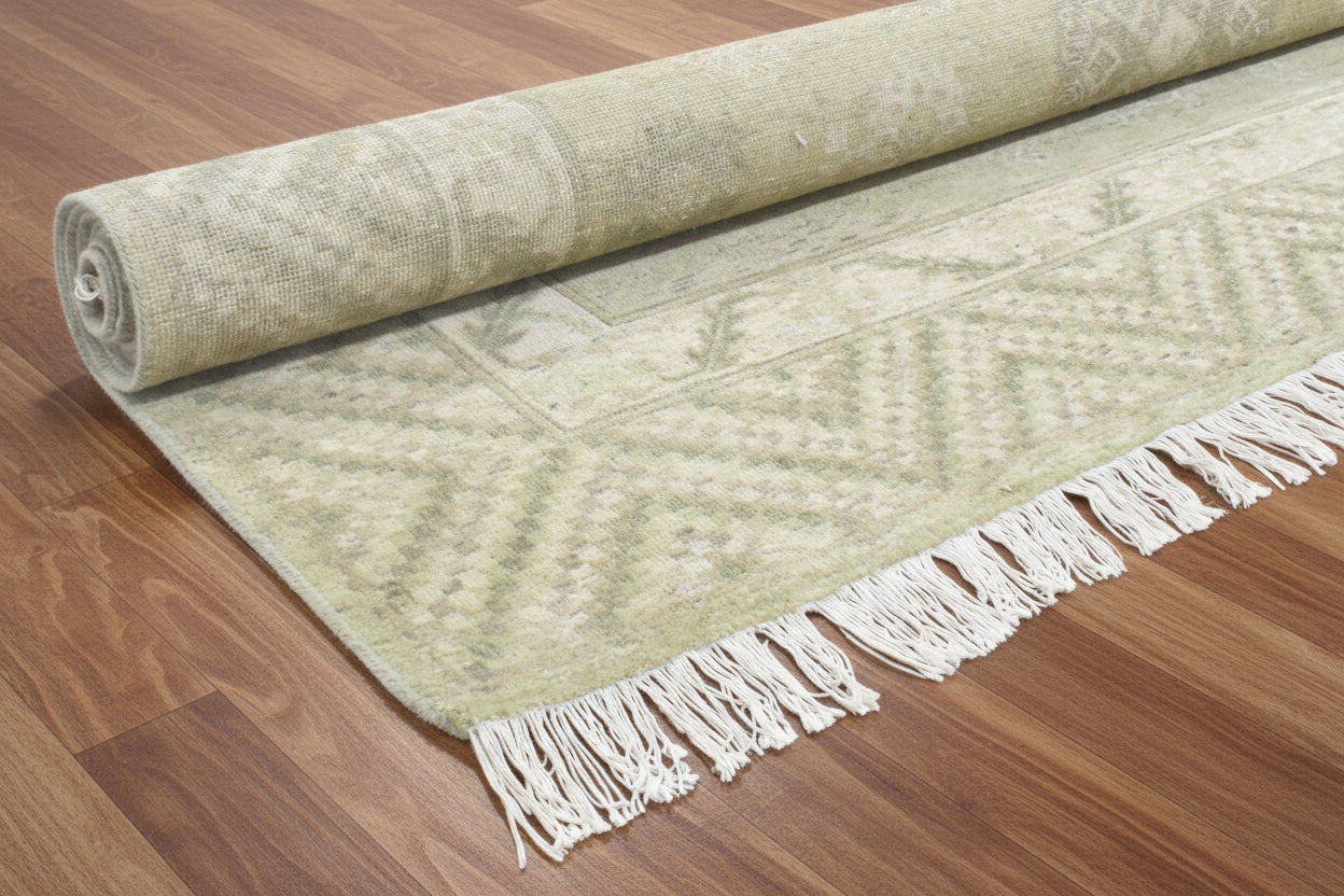 Verdant Hand-Knotted Pesian Khotan Rug – Sage Green Oriental Afgan Wool Area Rug   9203350503573