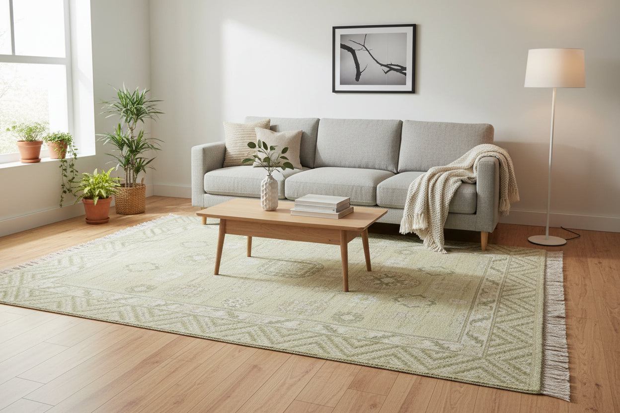 Verdant Hand-Knotted Pesian Khotan Rug – Sage Green Oriental Afgan Wool Area Rug   9203350503573