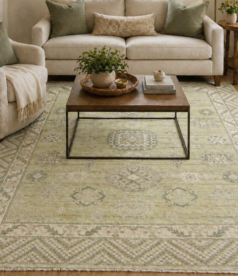 Verdant Hand-Knotted Pesian Khotan Rug – Sage Green Oriental Afgan Wool Area Rug   9203350503573