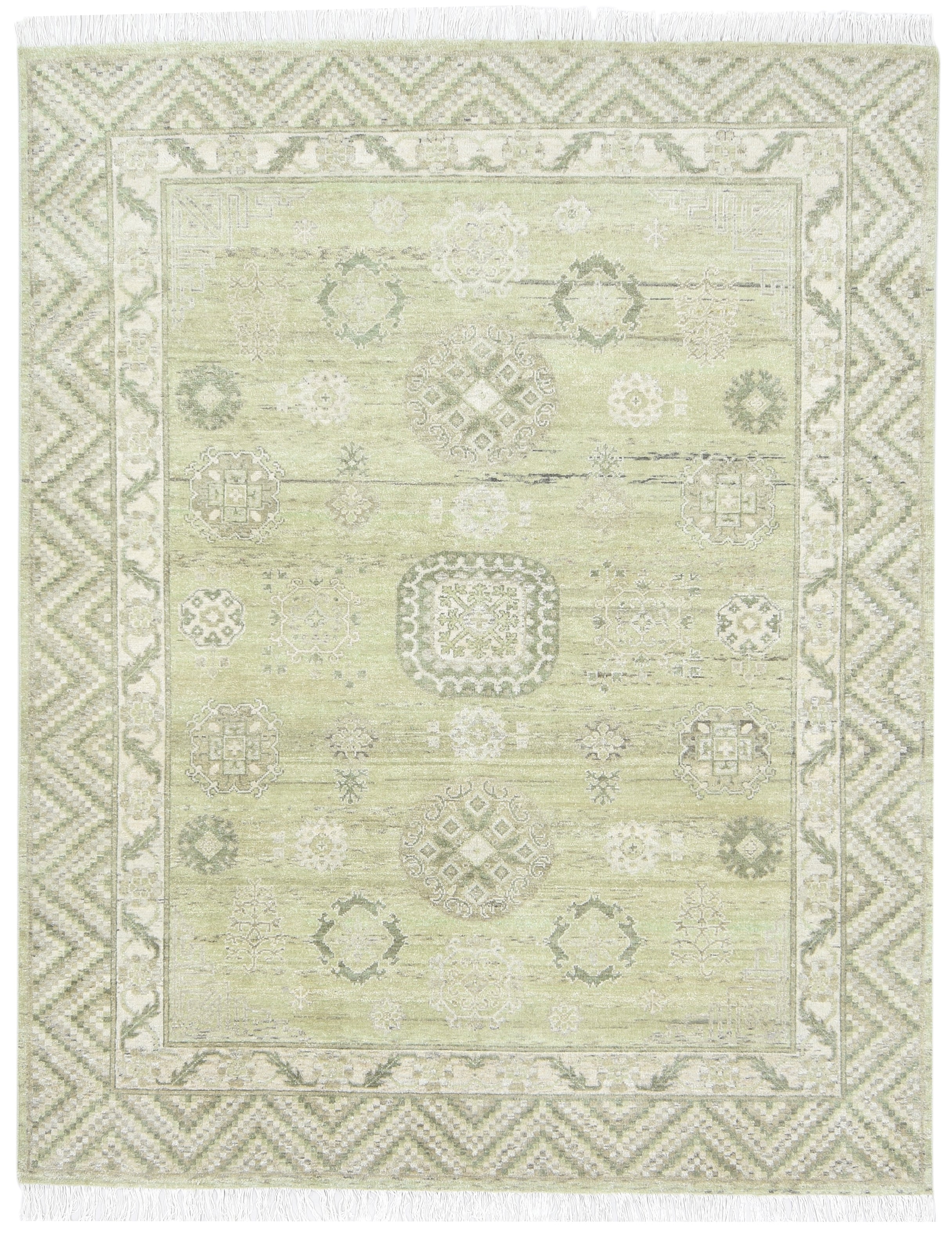 Verdant Hand-Knotted Vintage Oushak Rug – Soft Green Distressed Area Rug   9203350503573