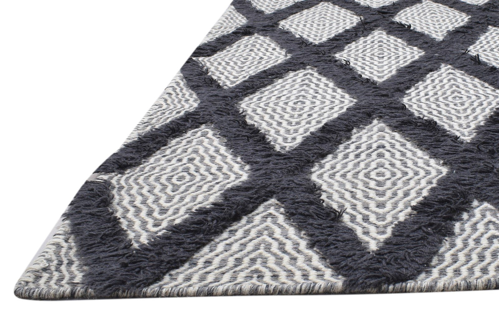 Wool Black Rug 5' X 8' Modern Dhurrie Moroccan Trellis Room Size Carpet   7864150982805