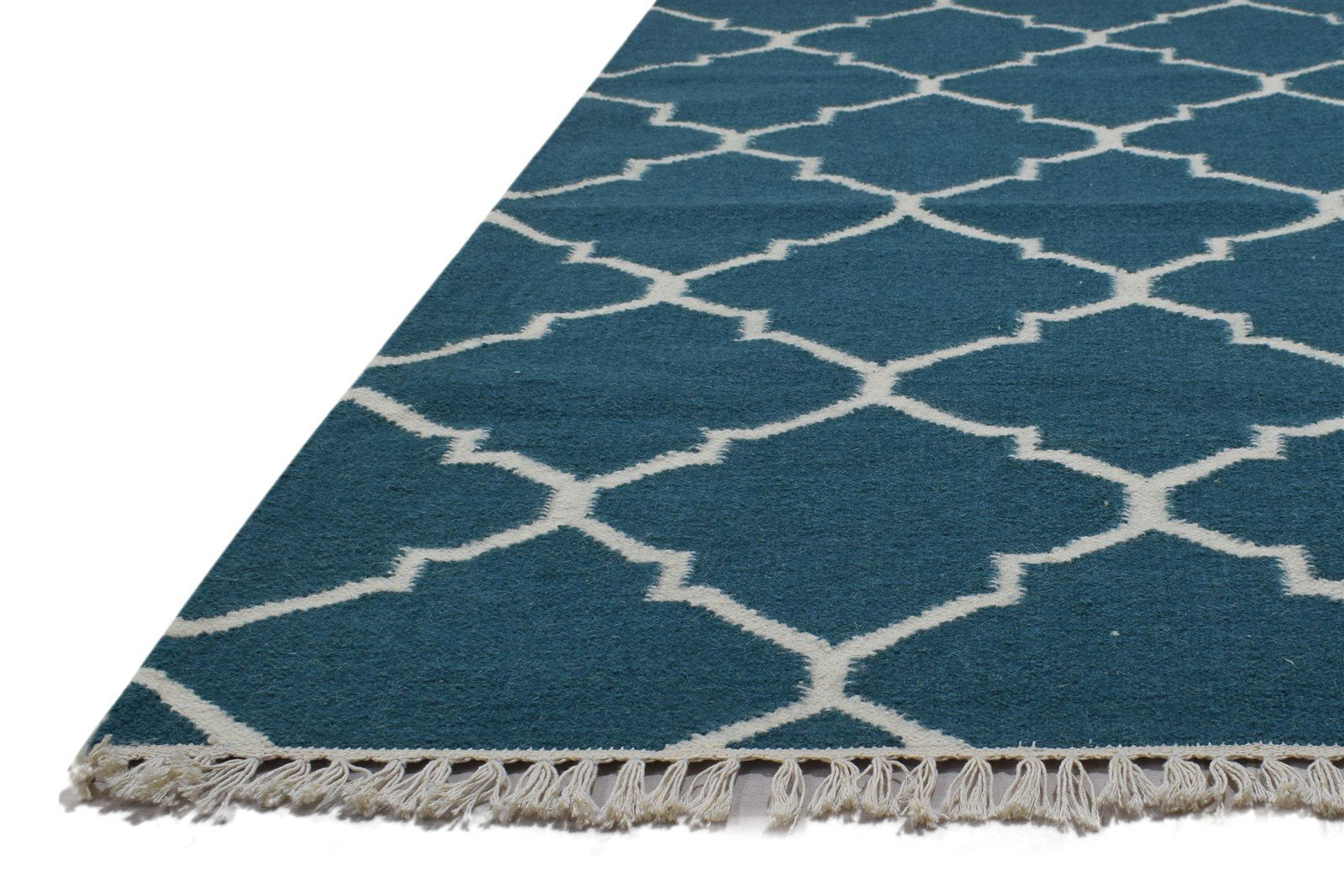 Wool Blue Rug 3' X 5' Modern Dhurrie Moroccan Trellis Room Size Carpet   7864493834389