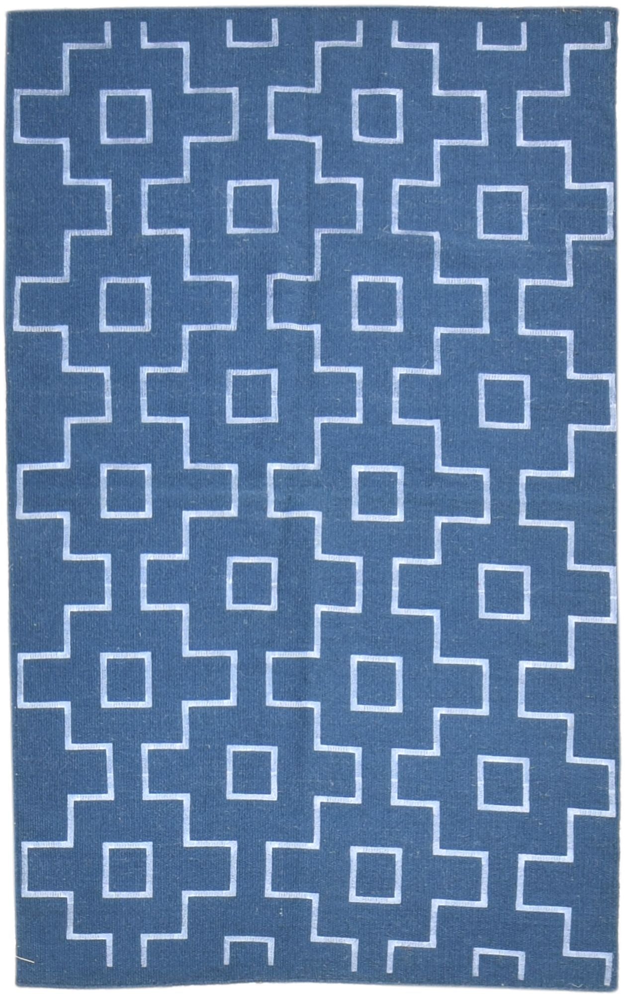 Wool Blue Rug 3' X 5' Modern Dhurrie Scandinavian Geometric Room Size Carpet   7864673271957