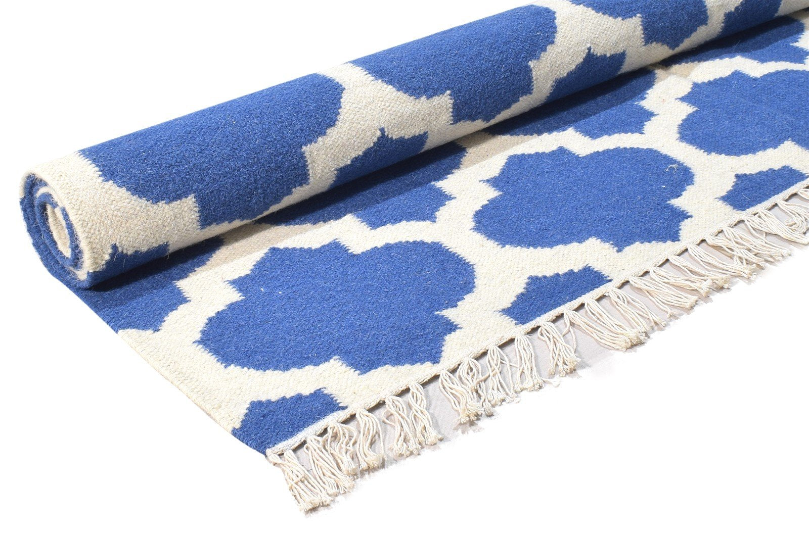 Wool Blue Rug 5' X 7' Modern Dhurrie Moroccan Trellis Room Size Carpet   7864379637909