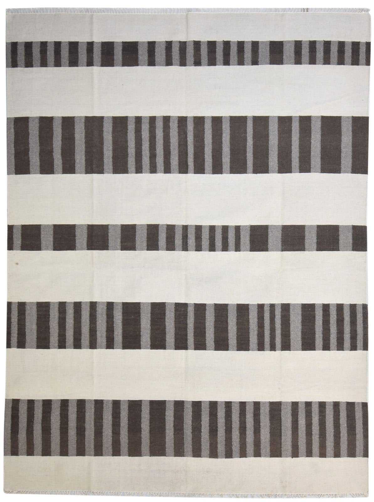 Wool Brown Rug 8' X 11' Modern Dhurrie Scandinavian Striped Large Carpet   7865188876437