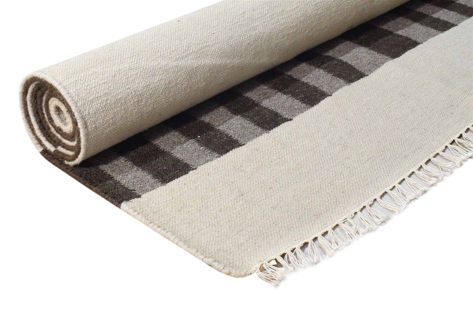 Wool Brown Rug 8' X 11' Modern Dhurrie Scandinavian Striped Large Carpet   7865188876437