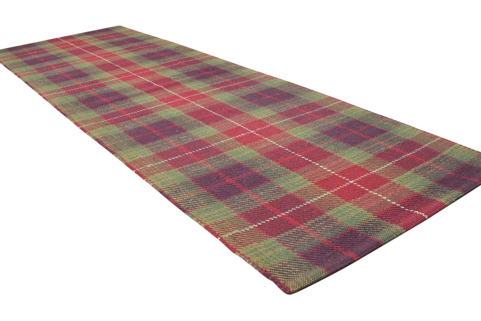 Wool Green Rug 2'6 X 8' Modern Dhurrie Scandinavian Plaids Small Runner   7864676515989