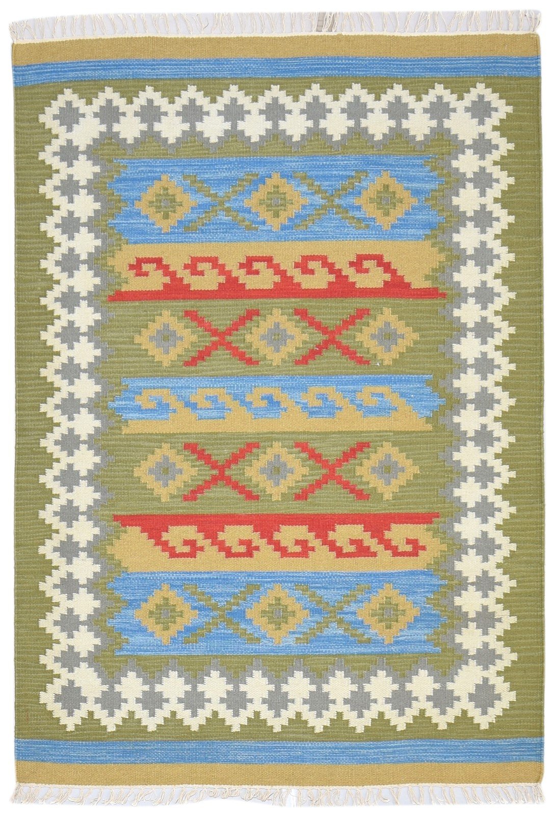 Wool Green Rug 4' X 6' Southwestern Dhurrie American Tribal Room Size Carpet   7865003507861