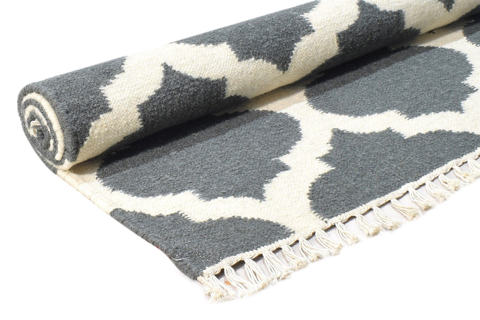 Wool Grey Rug 3' X 5' Modern Dhurrie Moroccan Scroll Tile Small Carpet   7865121341589