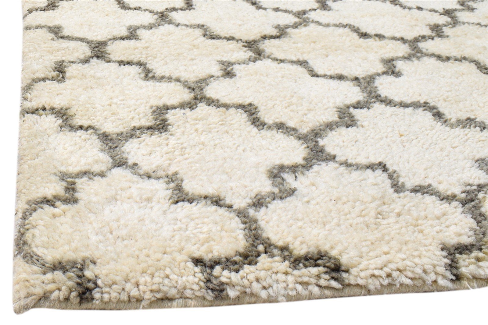 Wool Ivory Rug 3' X 5' Shag Hand Knotted Moroccan Trellis Small Carpet   7860691042453