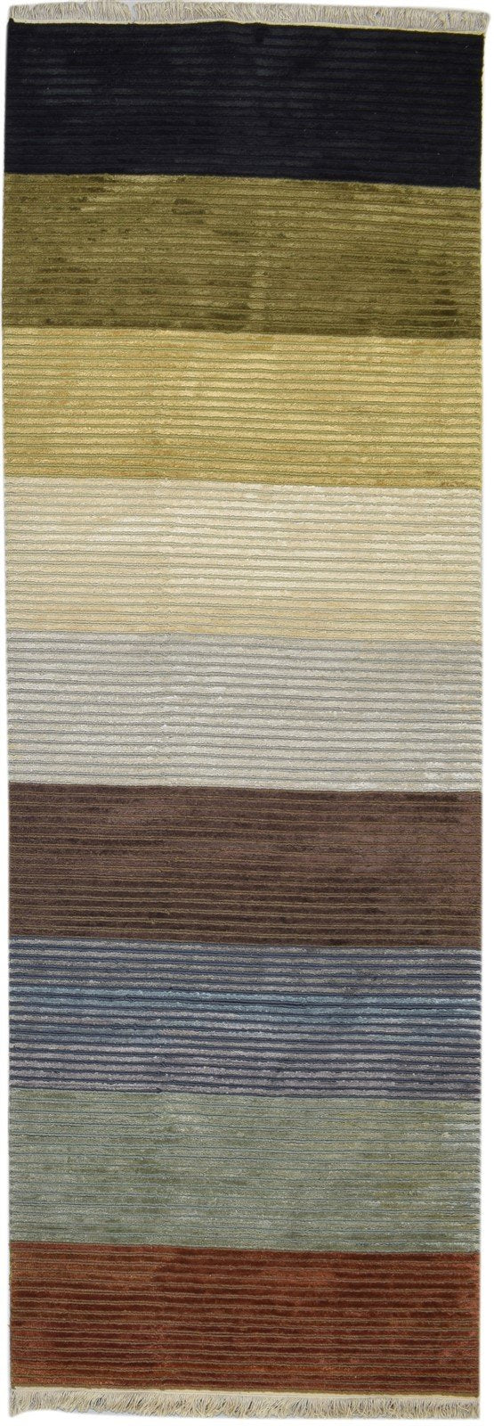 Wool Multi Rug 3' X 9' Modern Hand Knotted Indian Striped 3'2"X9'0" Carpet   7860702118037