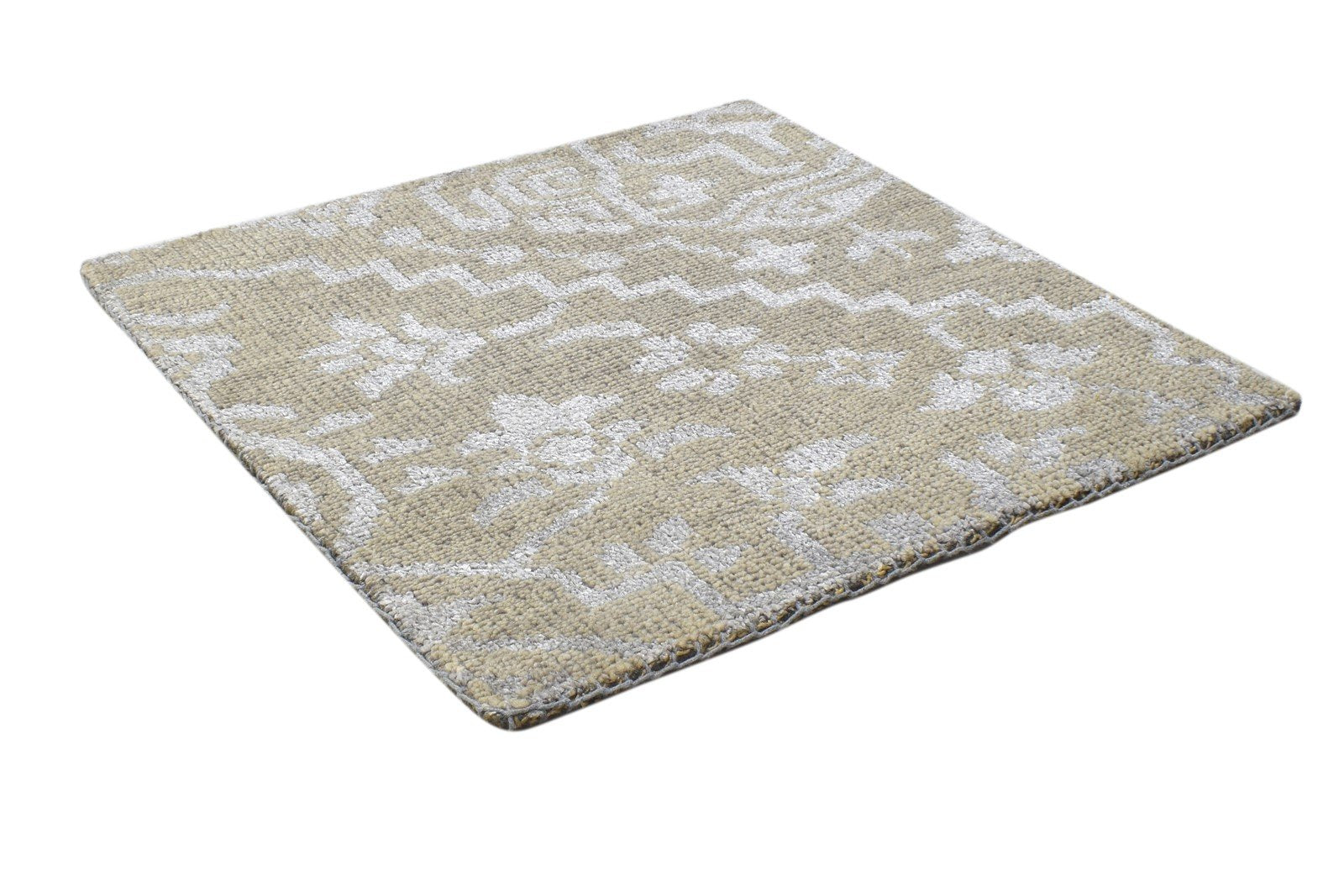 Wool / Silk Beige Rug 2' X 2' Modern Hand Knotted Moroccan Trellis Small Carpet   7864124309653