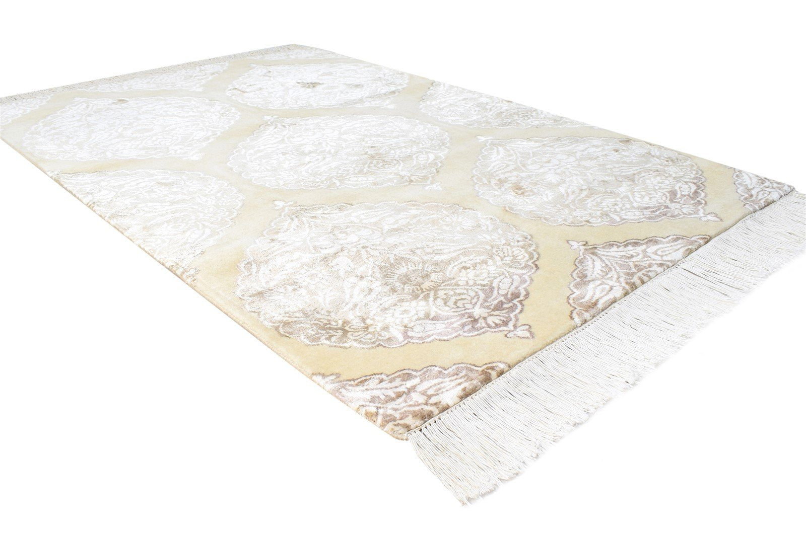 Wool / Silk Beige Rug 4X6 Transitional Hand Knotted Moroccan Damask Room Size   7865129369749
