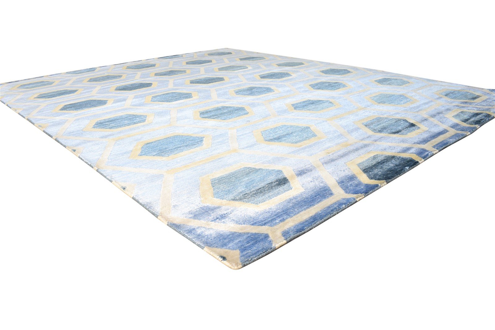 Wool / Silk Blue Rug 8X10 Modern Hand Woven Scandinavian Honeycomb Large Carpet   7864811159701