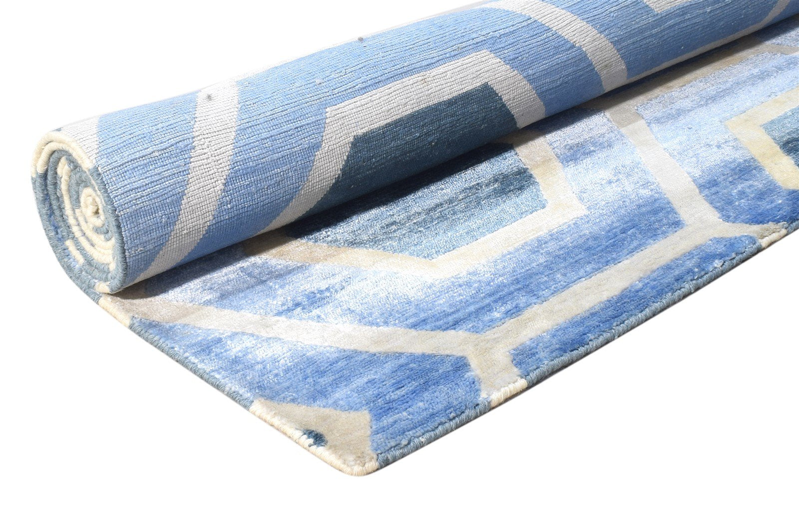 Wool / Silk Blue Rug 8X10 Modern Hand Woven Scandinavian Honeycomb Large Carpet   7864811159701