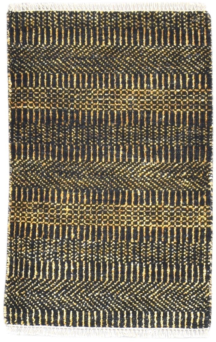Wool / Silk Charcoal Rug 2X3 Modern Hand Knotted Grass Trellis Small Rug   7864196858005