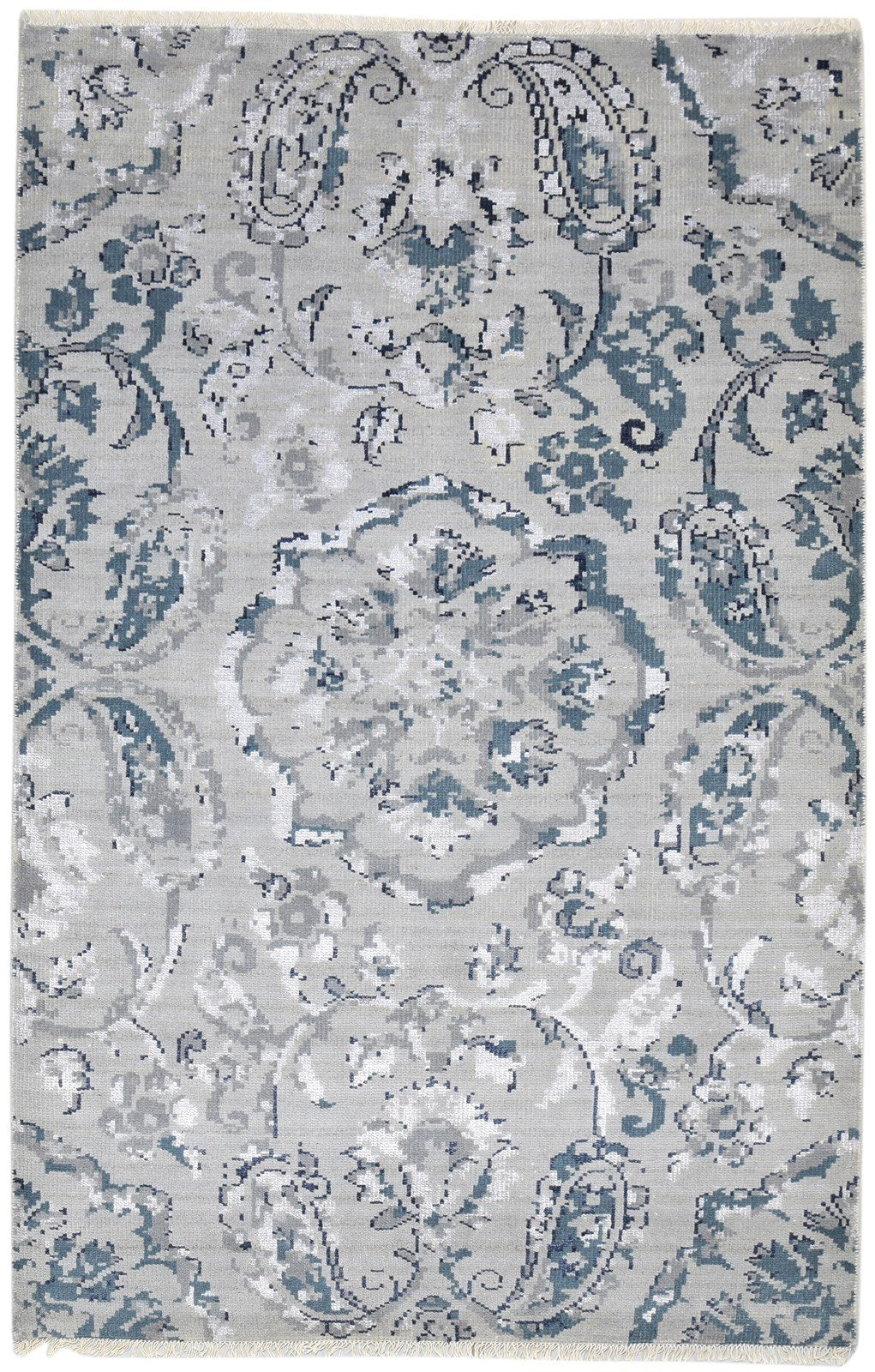 Wool / Silk Grey Rug 5X8 Modern Hand Knotted Indian Paisley Room Size Carpet   7864512250005
