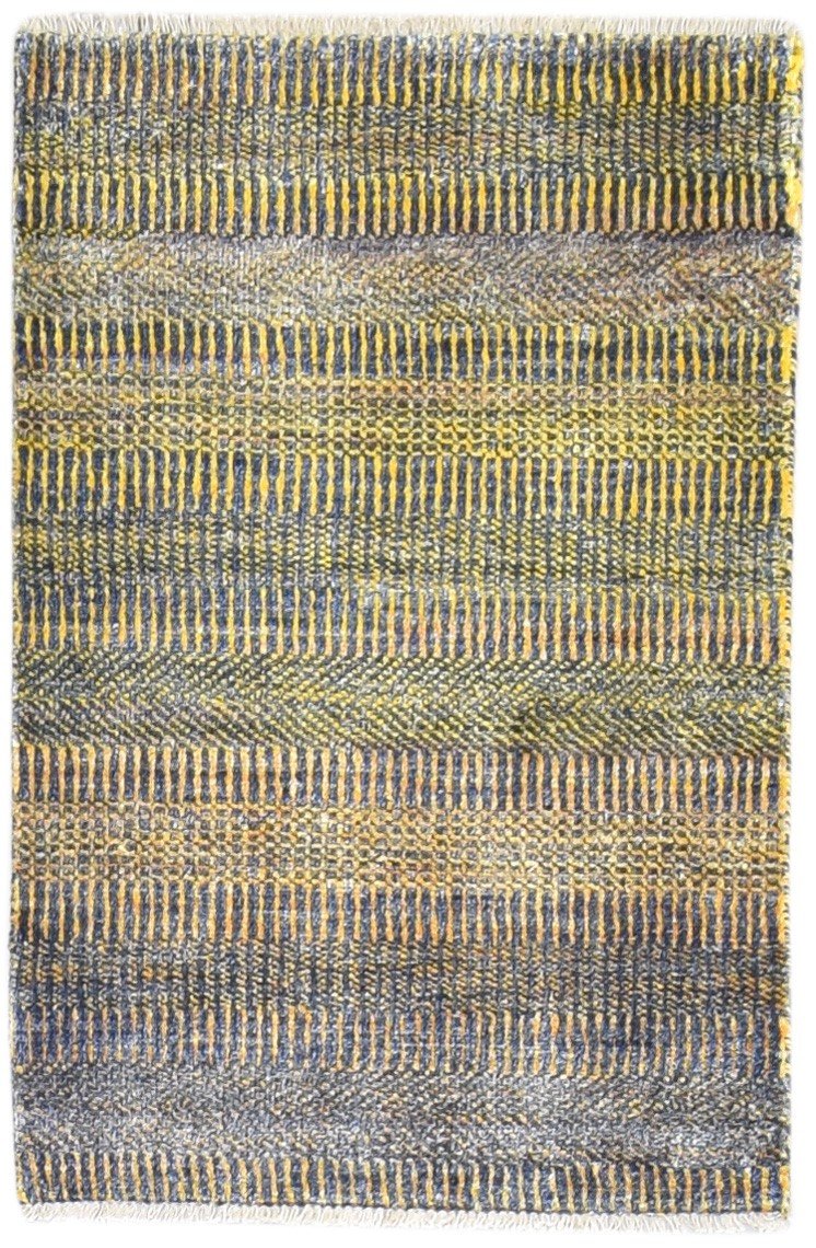 Wool / Silk Yellow Rug 2X3 Modern Hand Knotted Scandinavian Grass Trellis Small   7864198856853