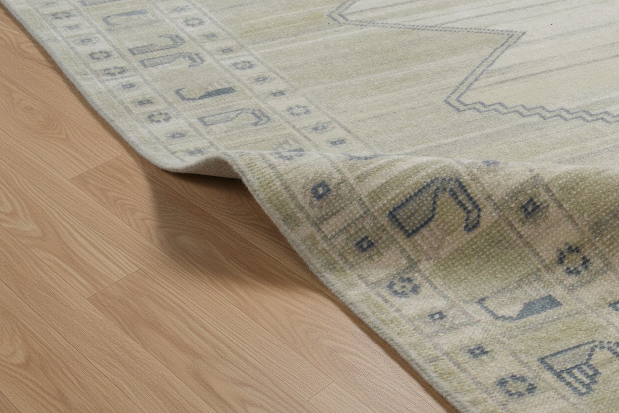 Ziba Medallion Hand-Knotted Oriental Rug – Sage Green & Beige Persian Area Rug   9197757989013