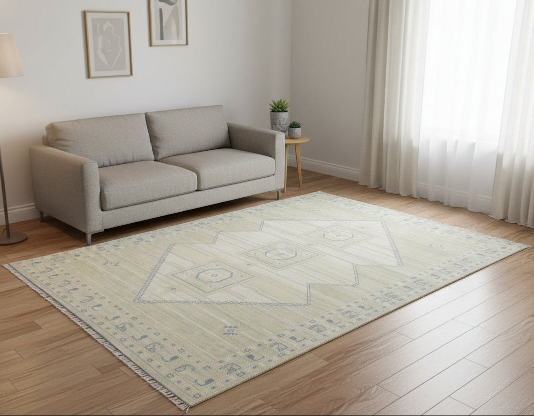 Ziba Medallion Hand-Knotted Oriental Rug – Sage Green & Beige Persian Area Rug   9197757989013