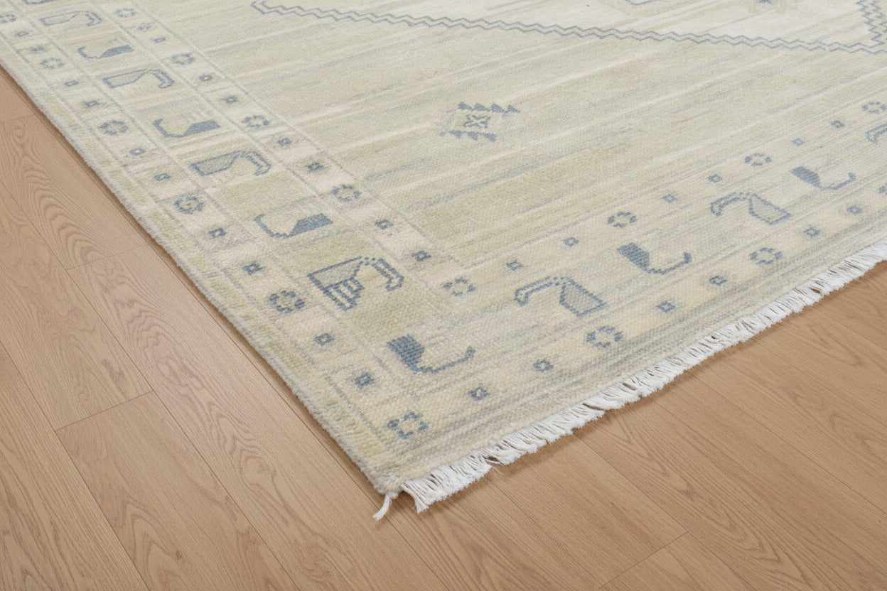 Ziba Medallion Hand-Knotted Oriental Rug – Sage Green & Beige Persian Area Rug   9197757989013