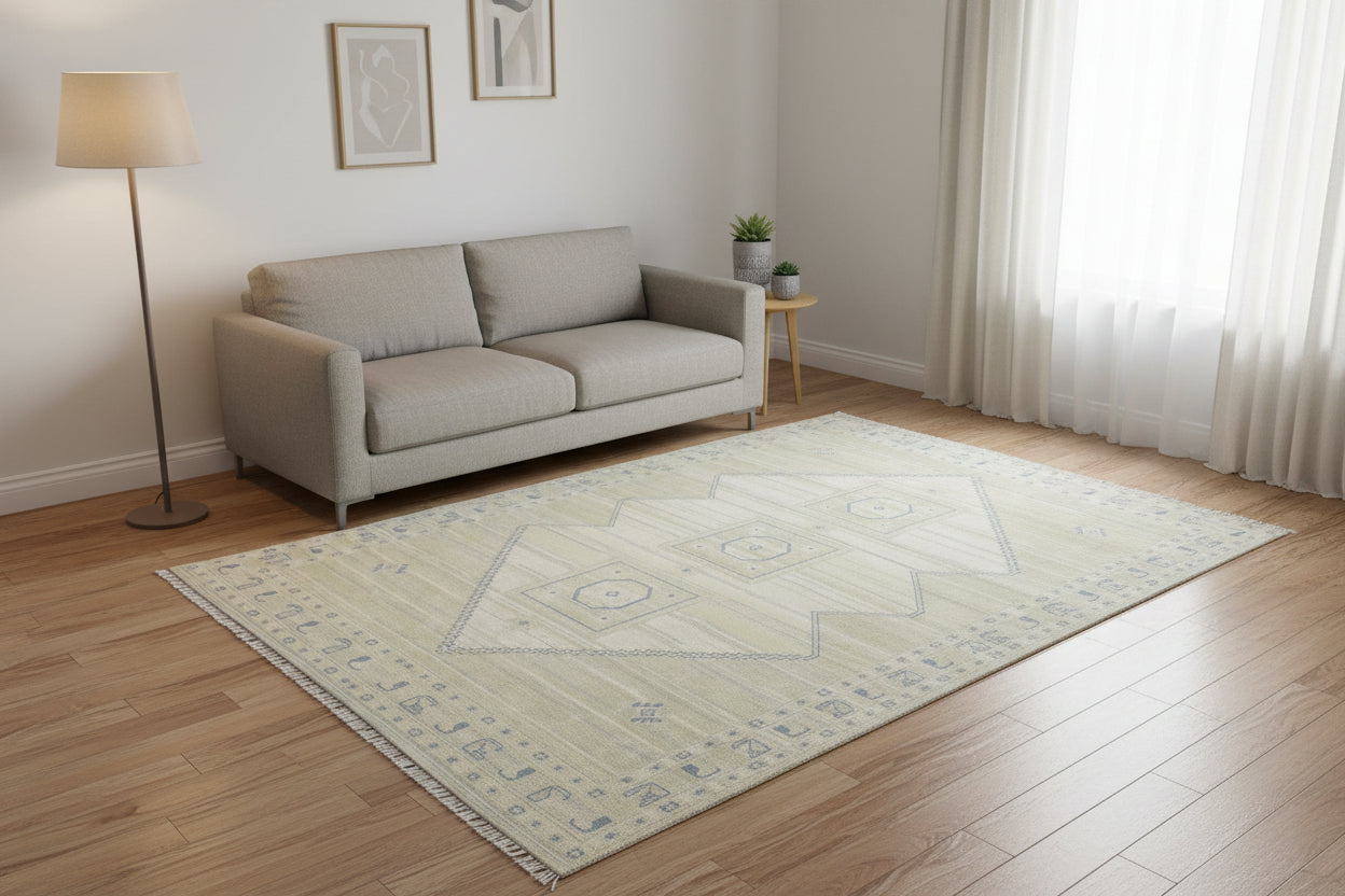 Ziba Medallion Hand-Knotted Oriental Rug – Sage Green & Beige Persian Area Rug   9197757989013